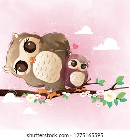 Cute Owl And Her Daughter