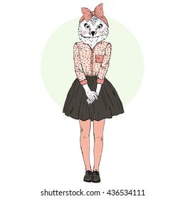 cute owl hipster girl, furry art illustration, fashion animals