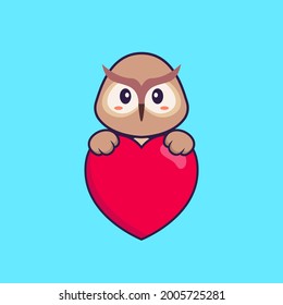 Cute owl holding a big red heart. Animal cartoon concept isolated. Can used for t-shirt, greeting card, invitation card or mascot.