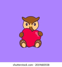 Cute owl holding a big red heart. Animal cartoon concept isolated. Can used for t-shirt, greeting card, invitation card or mascot.