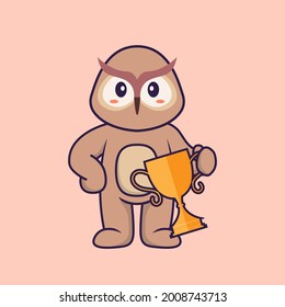 Cute owl holding gold trophy. Animal cartoon concept isolated. Can used for t-shirt, greeting card, invitation card or mascot.