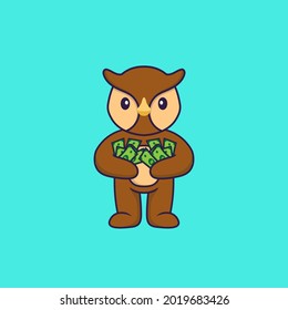 Cute owl holding money. Animal cartoon concept isolated. Can used for t-shirt, greeting card, invitation card or mascot.