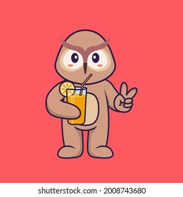 Cute owl holding orange juice in glass. Animal cartoon concept isolated. Can used for t-shirt, greeting card, invitation card or mascot.