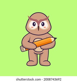 Cute owl holding a pencil. Animal cartoon concept isolated. Can used for t-shirt, greeting card, invitation card or mascot.