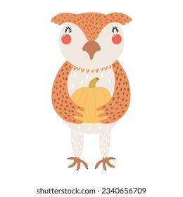 Cute owl holding pumpkin character illustration. Hand drawn animal, Scandinavian style flat design, isolated vector. Kids autumn, fall print, element, seasonal activity