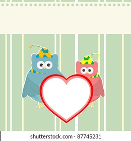 cute owl holding red love heart card background vector