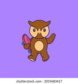 Cute owl holding a skateboard. Animal cartoon concept isolated. Can used for t-shirt, greeting card, invitation card or mascot.