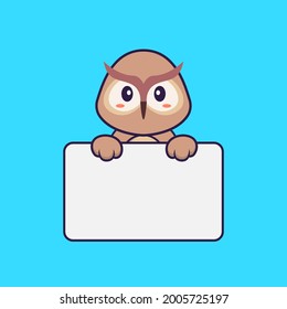 Cute owl holding whiteboard. Animal cartoon concept isolated. Can used for t-shirt, greeting card, invitation card or mascot.