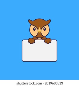 Cute owl holding whiteboard. Animal cartoon concept isolated. Can used for t-shirt, greeting card, invitation card or mascot.