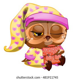 Cute owl holding the wing of the school satchel. Vector illustration.