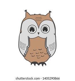 Cute owl icon isolated on white, wild bird cartoon illustration. Vector owl design element for cards or kids prints