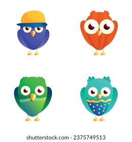 Cute owl icons set cartoon vector. Funny little owl bird. Cartoon character