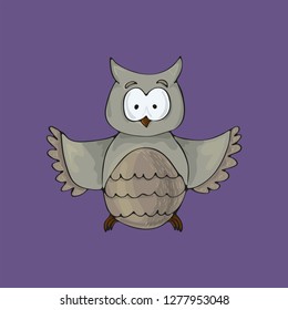 Cute owl illustrated vector cartoon character. Isolated on violet background.