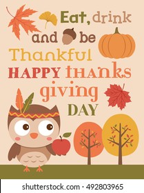 Cute owl illustration with autumn icons for happy thanksgiving day card design