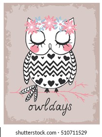 Cute Owl Illustration Print For T Shirt