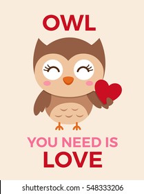 Cute owl illustration for valentine's day card template