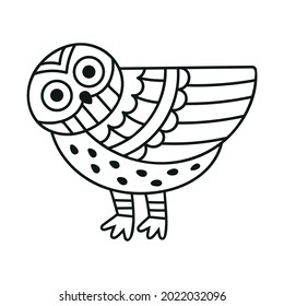 Cute owl illustration. Wild bird. Outline style. Isolated black and white vector art