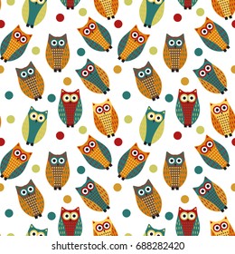 Cute owl kids seamless pattern, vintage style. Funny birds endless baby background. Vector illustration
