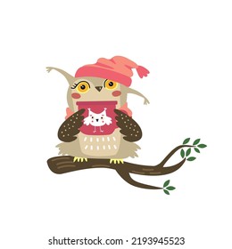 Cute owl in knitting hat with mug of tea or coffee sitting on the branch. Funny forest bird in autumn time. Happy cartoon animal, hand drawn flat vector illustration for kids, isolated. Flat design  