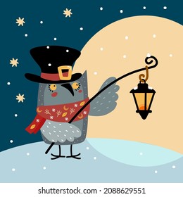 Búho lindo con linterna en un oscuro fondo nocturno de invierno. Búho gracioso en la nieve. Animales de dibujos animados sosteniendo la luz de las velas. Dibujo manual de ilustraciones planas vectoriales para imprimir en tarjetas de Navidad, niños afiche ect. 