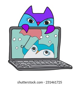 Cute owl with laptop have a video chat ( or movie) with another owl on screen. Cartoon vector illustration. Adorable birds character. Eps 10. On white. As icon, postcard, for print.