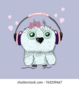 Cute owl listening to music on headphones