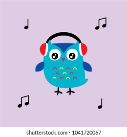 cute owl listens to music cartoon vector