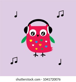 cute owl listens to music cartoon vector