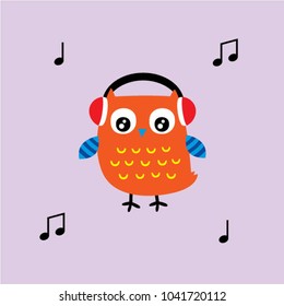 cute owl listens to music cartoon vector