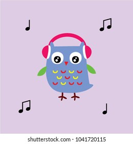 cute owl listens to music cartoon vector