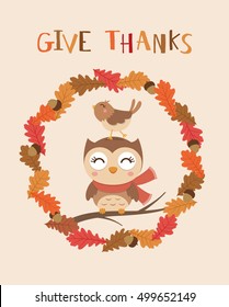 Cute owl and little bird illustration with oak leaves wreath for give thanks card design