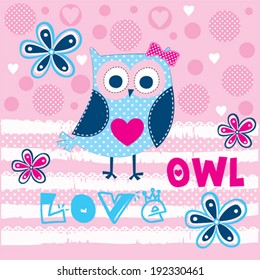 Cute Owl Love Card Vector Illustration