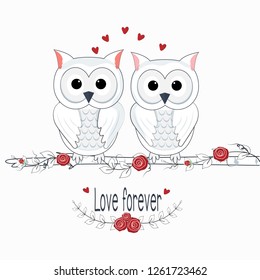 Cute Owl and love forever lettering for greeting card illustration