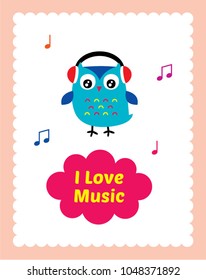 cute owl i love music nursery poster vector