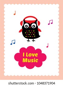 cute owl i love music nursery poster vector