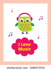 cute owl i love music nursery poster vector