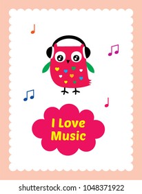cute owl i love music nursery poster vector