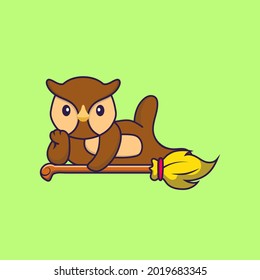 Cute owl lying on Magic Broom. Animal cartoon concept isolated. Can used for t-shirt, greeting card, invitation card or mascot.