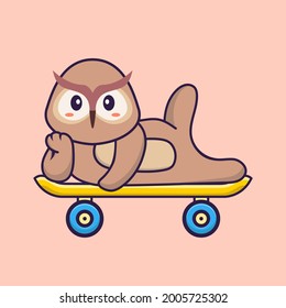Cute owl lying on a skateboard. Animal cartoon concept isolated. Can used for t-shirt, greeting card, invitation card or mascot.