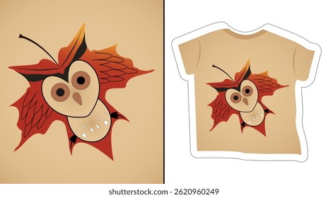 Cute Owl Made from Maple Leaf Cartoon Vector for Kids T-Shirts
