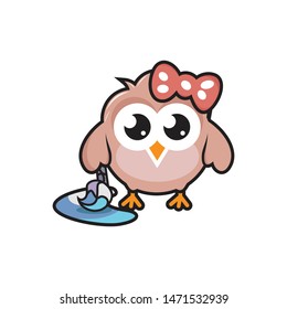 Cute owl mascot character, with a painting tool