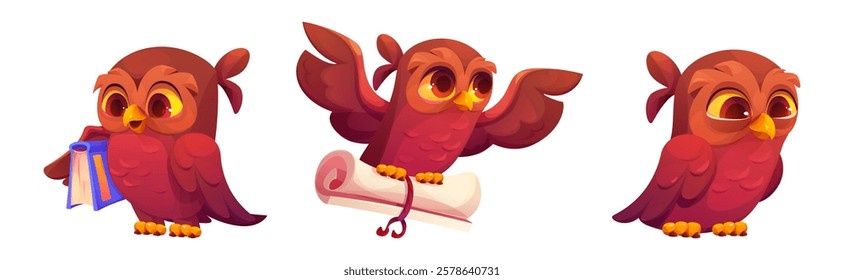 Cute owl mascot in different poses with scrolled diploma or document and library text book - brown cartoon bird with various expressions. Childish wise character for educational interface design.