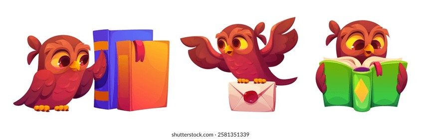 Cute owl mascot set with books, envelope and reading positions - brown cartoon bird character expressing different emotions. Educational application elements for children learning platform design.