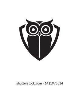 cute owl mascot in shield with flat black style logo icon vector template