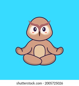 Cute owl is meditating or doing yoga. Animal cartoon concept isolated. Can used for t-shirt, greeting card, invitation card or mascot.