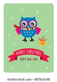 cute owl merry christmas greeting vector