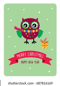 cute owl merry christmas greeting vector