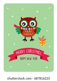 cute owl merry christmas greeting vector