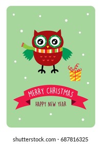 cute owl merry christmas greeting vector