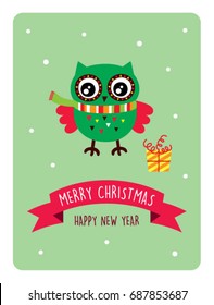 cute owl merry christmas greeting vector